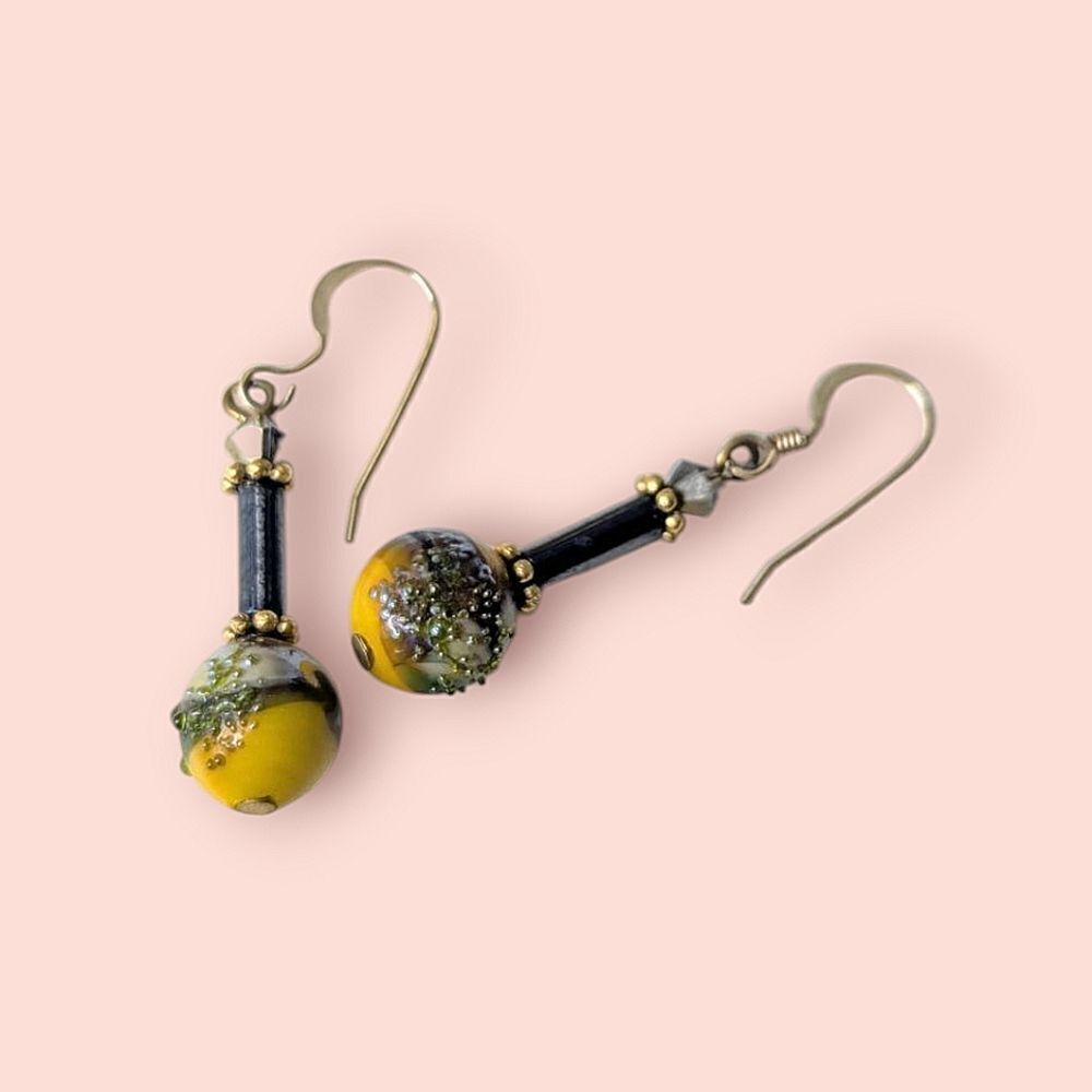 Artist Made Yellow & Gray Glass Bead Dangle Earrings